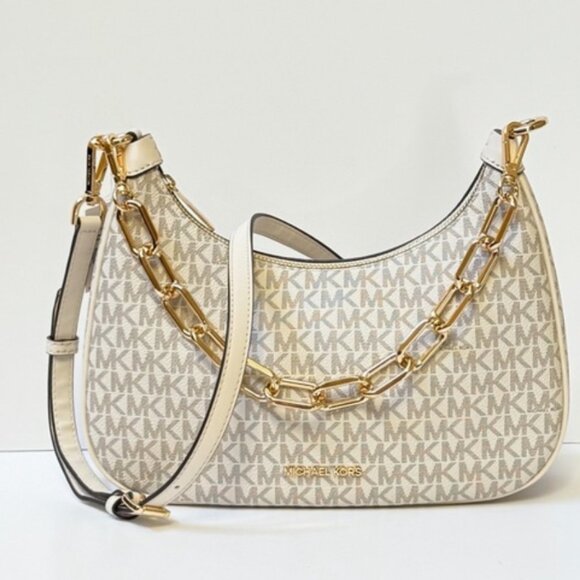 Michael Kors Cora LG Pouchette Shoulder Crossbody Bag MK Light Cream - Picture 1 of 4